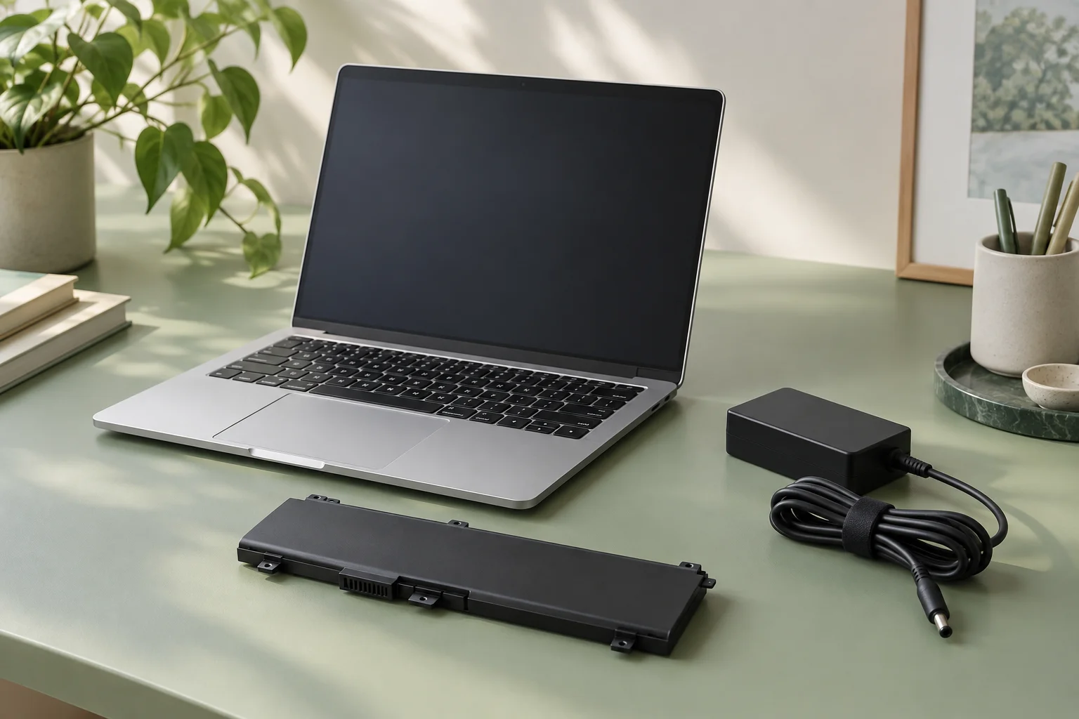 Ilustrasi laptop, baterai pengganti, dan adapter charger di meja